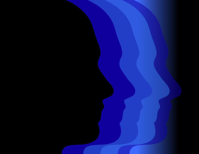 Multiple silhouettes of a face fading into darkness